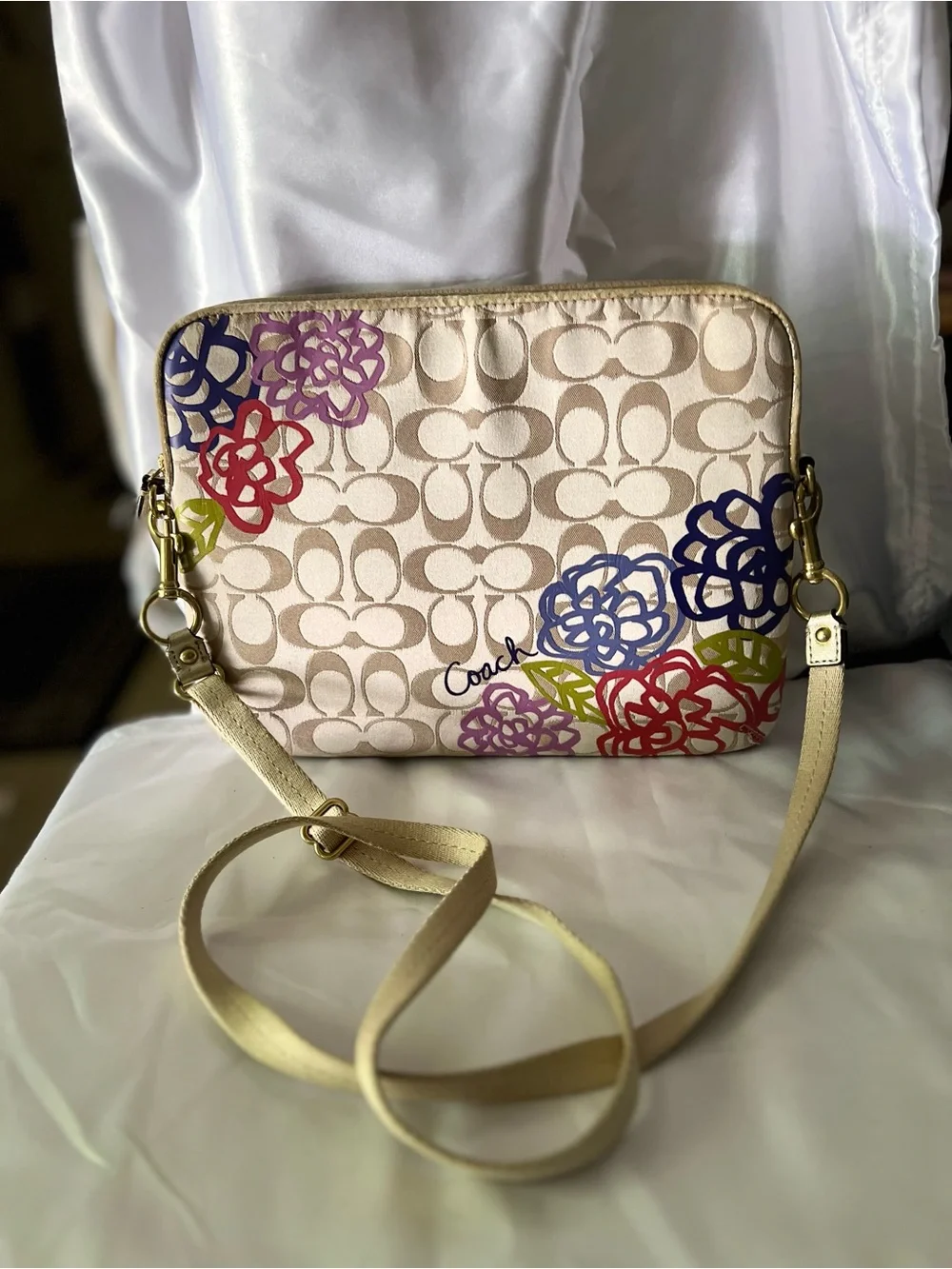 Coach Signature Floral Crossbody Bag in Beige with Multicolor Flowers